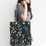 - Canta-7252-1 - Realhomes Siyah Zemin Üzerinde Rengarenk Çiçek Desenli Dijital Baskılı Kumaş Plaj Çantası Realhomes