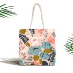 - Canta-7253 - Realhomes Pudra Zemin Üzerinde Onedraw Çizimli Yaprak Desenli Dijital Baskılı Kumaş Plaj Çantası Realhomes