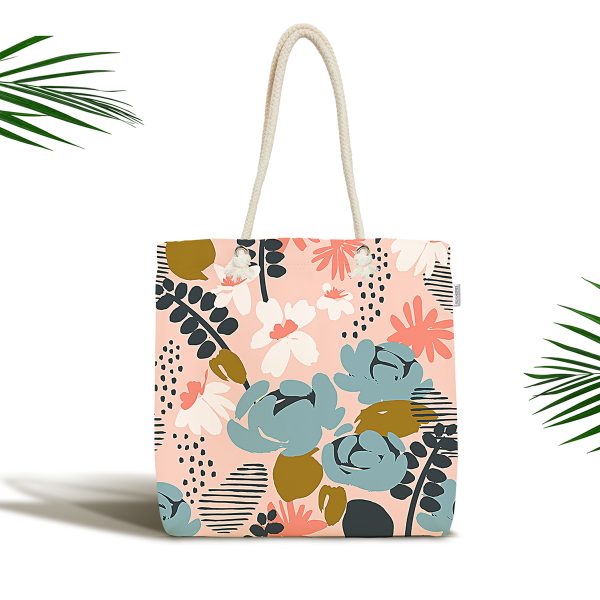 - Canta-7253 - Realhomes  Renkli Zemin Üzerinde Renkli Papatya Desenli Dijital Baskılı Kumaş Plaj Çantası Realhomes