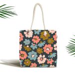 - Canta-7255 - Realhomes Siyah Zemin Üzerinde Rengarenk Çiçek Desenli Dijital Baskılı Kumaş Plaj Çantası Realhomes