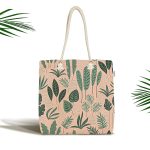 - Canta-7268 - Realhomes Pudra Zemin Üzerinde Yeşil Yapraklı Dijital Baskılı Kumaş Plaj Çantası Realhomes
