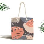 - Canta-7289 - Realhomes Renkli Zemin Üzerinde Onedraw Çizimli Yaprak Motifli Dijital Baskılı Kumaş Plaj Çantası Realhomes