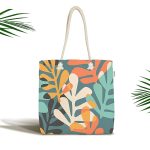 - Canta-7296 - Realhomes Renkli Zemin Üzerinde Onedraw Çizimli Yaprak Motifli Dijital Baskılı Kumaş Plaj Çantası Realhomes