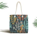 - Canta-7299 - Realhomes Siyah Zemin Üzerinde Yaprak Desenli Dijital Baskılı Kumaş Plaj Çantası Realhomes