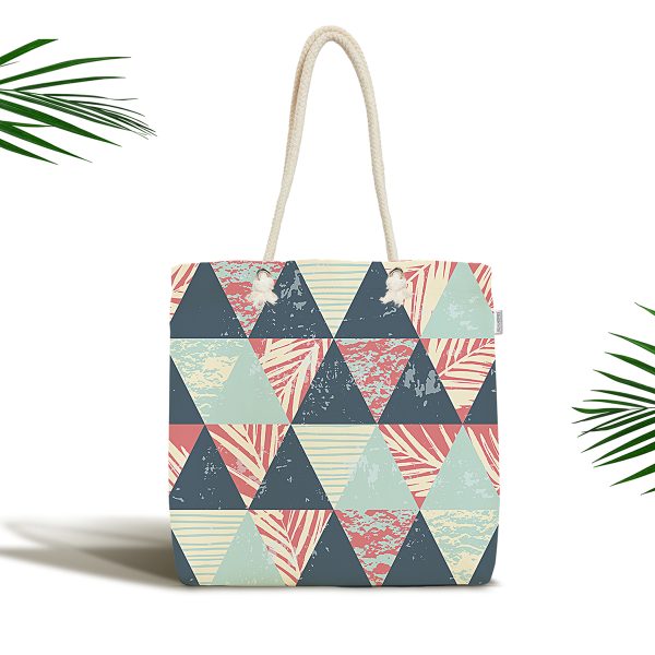 - Canta-7329 - Realhomes  Renkli Zemin Üzerinde Yaprak Motifli Dijital Baskılı Kumaş Plaj Çantası Realhomes