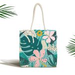 Renkli Zemin Üzerinde Yaprak Motifli Dijital Baskılı Kumaş Plaj Çantası Realhomes