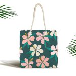 - Canta-7355 - Realhomes Renkli Zemin Üzerinde Yaprak Motifli Dijital Baskılı Kumaş Plaj Çantası Realhomes