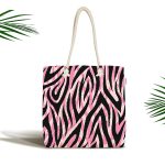 - Canta-7365 - Realhomes Siyah Zemin Üzerinde Pembe Renkli Çizim Dijital Baskılı Kumaş Plaj Çantası Realhomes