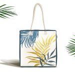 - Canta-7461 - Realhomes Beyaz Zeminde Renkli Yaprak Desenli Dijital Baskılı Kumaş Plaj Çantası Realhomes