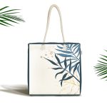 - Canta-7463 - Realhomes Beyaz Zeminde Renkli Yaprak Desenli Dijital Baskılı Kumaş Plaj Çantası Realhomes