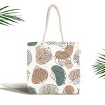 - Canta-7480 - Realhomes Beyaz Zeminli Onedraw Çizimli Yaprak Motifli Dijital Baskılı Kumaş Plaj Çantası Realhomes