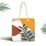 Renkli Zeminli Onedraw Çizimli Yaprak Desenli Dijital Baskılı Kumaş Plaj Çantası Realhomes