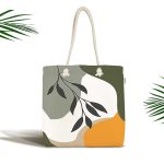 - Canta-7521 - Realhomes Renkli Zeminli Onedraw Çizimli Yaprak Desenli Dijital Baskılı Kumaş Plaj Çantası Realhomes