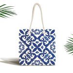 - Canta-7526 - Realhomes Beyaz Zeminli Çini Desenli Dijital Baskılı Kumaş Plaj Çantası Realhomes