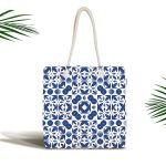 Beyaz Zeminli Çini Desenli Dijital Baskılı Kumaş Plaj Çantası Realhomes