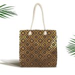 Gold Zemin Üzerinde Siyah Geometrik Desenli Dijital Baskılı Kumaş Plaj Çantası Realhomes