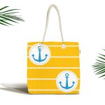 - Canta-7597 - Realhomes Sarı Zemin Üzerinde Çapa Çizimli Dijital Baskılı Kumaş Plaj Çantası Realhomes