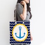 - Canta-7598-1 - Realhomes Lacivert Zemin Üzerinde Çapa Çizimli Dijital Baskılı Kumaş Plaj Çantası Realhomes