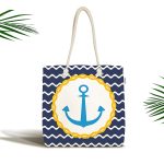 - Canta-7598 - Realhomes Lacivert Zemin Üzerinde Çapa Çizimli Dijital Baskılı Kumaş Plaj Çantası Realhomes