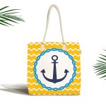 - Canta-7600 - Realhomes  Sarı Zemin Üzerinde Çapa Çizimli Dijital Baskılı Kumaş Plaj Çantası Realhomes