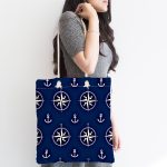 Lacivert Zemin Üzerinde Modern Pusula Desenli Dijital Baskılı Kumaş Plaj Çantası Realhomes