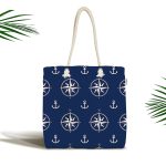 Lacivert Zemin Üzerinde Modern Pusula Desenli Dijital Baskılı Kumaş Plaj Çantası Realhomes