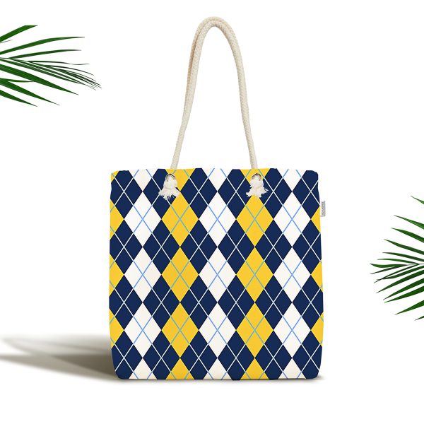 - Canta-7633 - Realhomes  Beyaz Zemin Üzerinde Baklava Desenli Dijital Baskılı Kumaş Plaj Çantası Realhomes