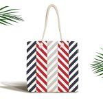 - Canta-7639 - Realhomes Beyaz Zemin Üzerinde Geometrik Çizimli Zikzak Desenli Dijital Baskılı Kumaş Plaj Çantası Realhomes