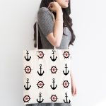 - Canta-7640-1 - Realhomes Beyaz Zemin Üzerinde Renkli Çapa Desenli Dijital Baskılı Kumaş Plaj Çantası Realhomes