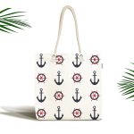 - Canta-7640 - Realhomes Beyaz Zemin Üzerinde Renkli Çapa Desenli Dijital Baskılı Kumaş Plaj Çantası Realhomes