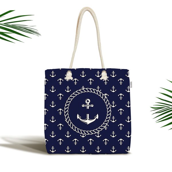 - Canta-7725 - Realhomes  Renkli Zemin Üzerinde Çapa Desenli Dijital Baskılı Kumaş Plaj Çantası Realhomes