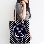 - Canta-7727-1 - Realhomes  Renkli Zemin Üzerinde Çapa Desenli Dijital Baskılı Kumaş Plaj Çantası Realhomes