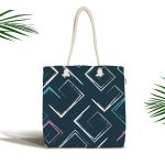 - Canta-7770 - Realhomes Siyah Zemin Üzerinde Renkli Geometrik Desenli Dijital Baskılı Kumaş Plaj Çantası Realhomes