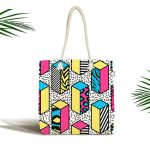 - Canta-7843 - Realhomes Beyaz Zemin Üzerinde Renkli Geometrik Desenli Dijital Baskılı Kumaş Plaj Çantası Realhomes