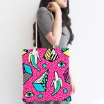 Pembe Zemin Üzerinde Modern Renkli Desenli Dijital Baskılı Kumaş Plaj Çantası Realhomes