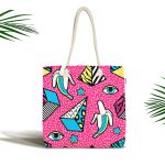 Pembe Zemin Üzerinde Modern Renkli Desenli Dijital Baskılı Kumaş Plaj Çantası Realhomes
