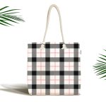 Beyaz Zemin Üzerinde Siyah Ekose Desenli Dijital Baskılı Kumaş Plaj Çantası Realhomes