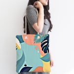 Renkli Zemin Üzerinde Pastel Yaprak Desenli Dijital Baskılı Kumaş Plaj Çantası Realhomes