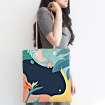 Renkli Zemin Üzerinde Pastel Yaprak Desenli Dijital Baskılı Kumaş Plaj Çantası Realhomes