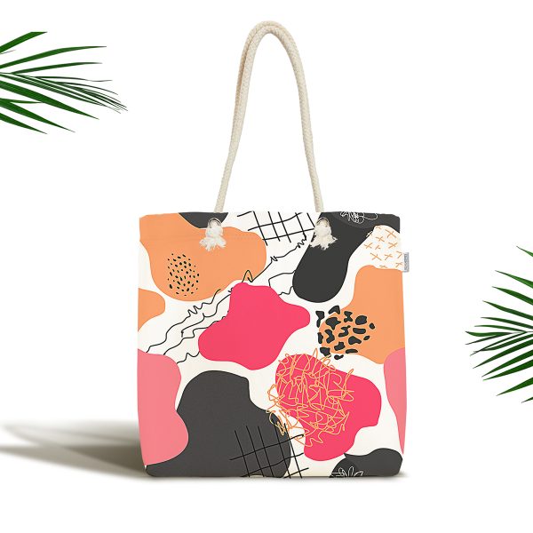 - Canta-8060 - Realhomes  Renkli Zemin Üzerinde Beyaz Puantiye Desenli Dijital Baskılı Kumaş Plaj Çantası Realhomes