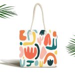 - Canta-8161 - Realhomes  Beyaz Zemin Üzerinde Geometrik Desenli Dijital Baskılı Kumaş Plaj Çantası Realhomes