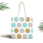 - Canta-8284 - Realhomes Beyaz Zeminde Gold Detaylı Renkli Puantiye Desenli Dijital Baskılı Kumaş Plaj Çantası Realhomes