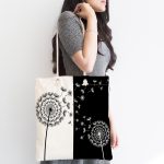 - Canta-8296-1 - Realhomes Siyah Beyaz Zemin Üzerinde Çiçek Desenli Dijital Baskılı Kumaş Plaj Çantası Realhomes