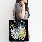 Siyah Zemin Üzerinde Yaprak Desenli Dijital Baskılı Kumaş Plaj Çantası Realhomes