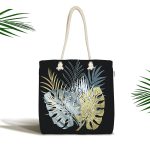 Siyah Zemin Üzerinde Yaprak Desenli Dijital Baskılı Kumaş Plaj Çantası Realhomes