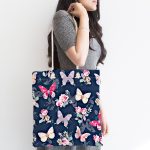 Renkli Zemin Üzerinde Kelebek Desenli Dijital Baskılı Kumaş Plaj Çantası Realhomes