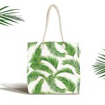 - Canta-8343 - Realhomes Beyaz Zemin Üzerinde Yeşil Yaprak Desenli Dijital Baskılı Kumaş Plaj Çantası Realhomes
