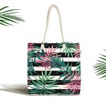 Beyaz Zeminde Siyah Beyaz Çizgili Yeşil Yaprak Desenli Dijital Baskılı Kumaş Plaj Çantası Realhomes