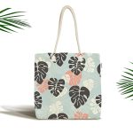 - Canta-8452 - Realhomes Renkli Zemin Üzerinde Siyah Yaprak Desenli Dijital Baskılı Kumaş Plaj Çantası Realhomes