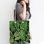 Siyah Zemin Üzerinde Yeşil Yaprak Desenli Dijital Baskılı Kumaş Plaj Çantası Realhomes